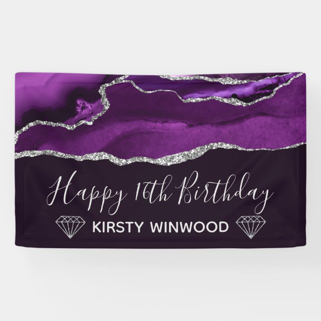 Purple & Faux Silver Glitter Agate Sweet 16 Banner (Horizontal)