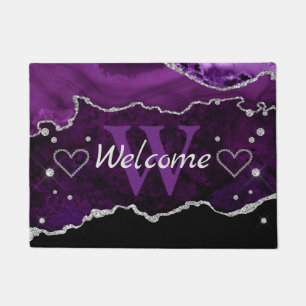 Purple & Faux Silver Glitter Marble Agate Monogram Doormat