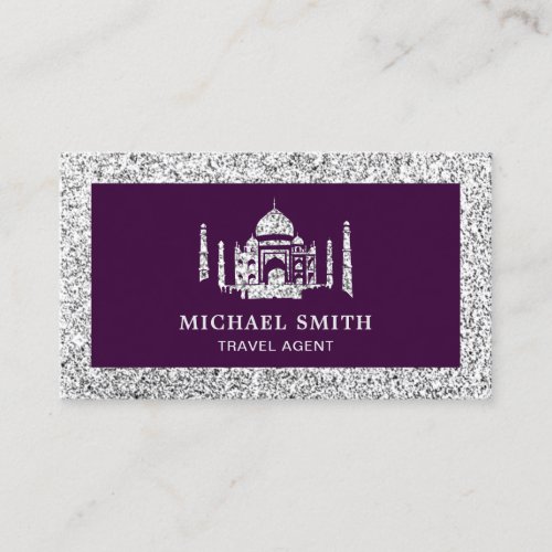 Purple Faux Silver Glitter Taj Mahal Travel Agent Business Card