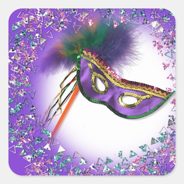 Purple Feather Mask Masquerade Party Square Sticker (Front)