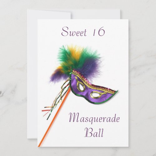 Purple Feather Mask Sweet 16 Masquerade Party Invitation