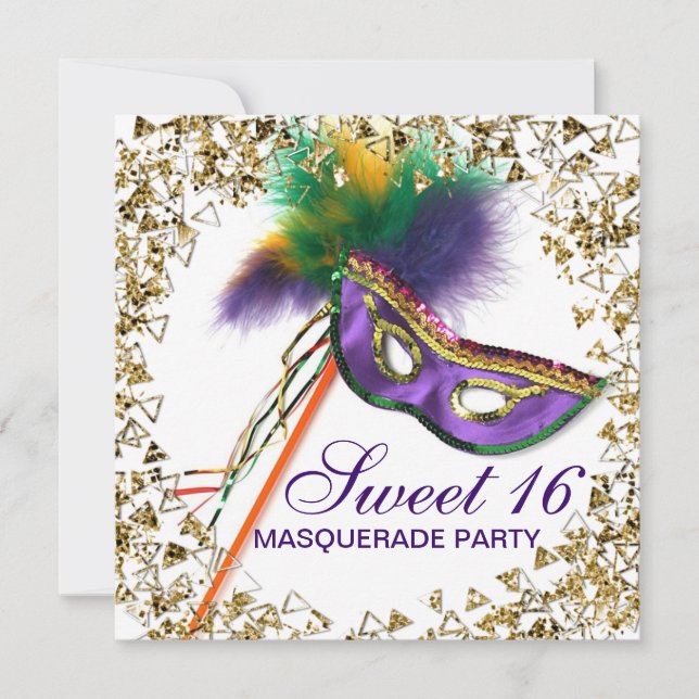 Purple Feather Mask Sweet 16 Masquerade Party Invitation (Front)