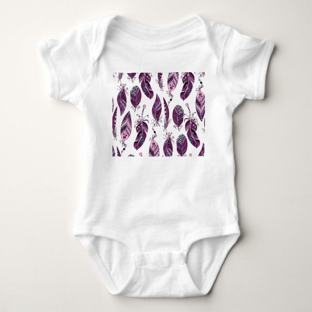 Purple Feathers: Vintage Ornamental Seamless. Baby Bodysuit (Front)