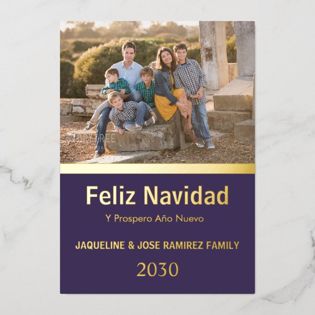 Purple Feliz Navidad Spanish Family Photo Gold  Foil Holiday Card (Front)