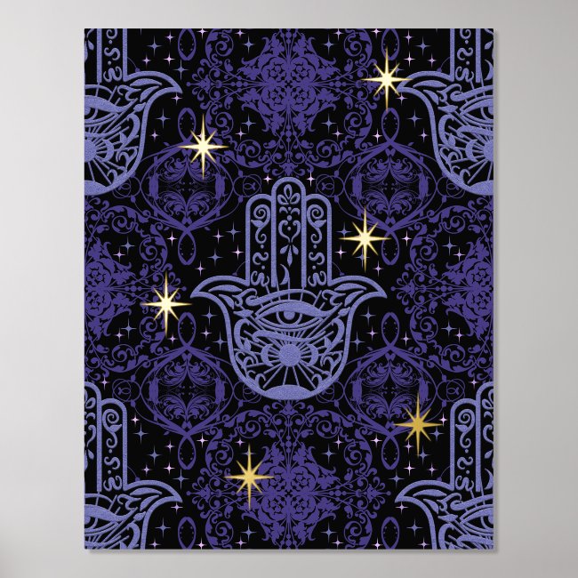 Purple Felt Look Hamsa Hand with Stars