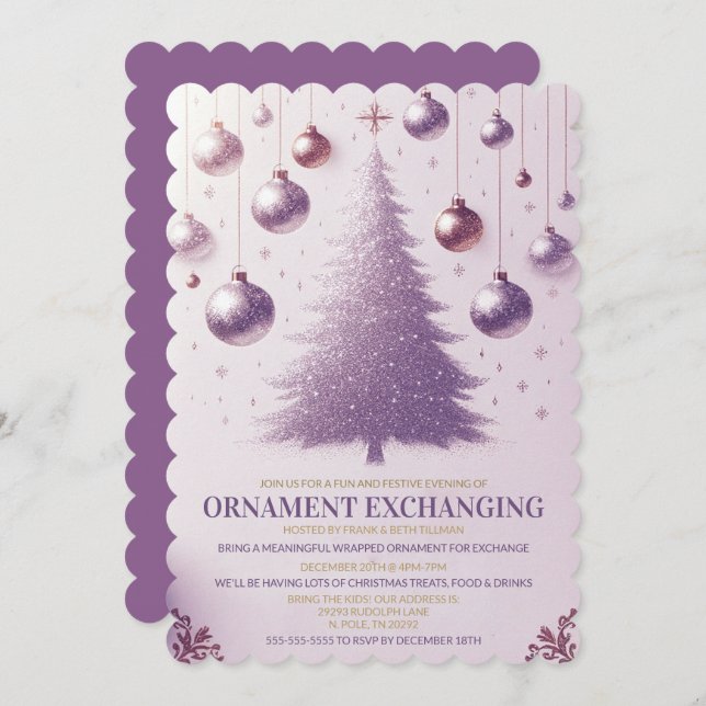 Purple Festive Christmas Ornament Exchange Party Invitation (Front/Back)