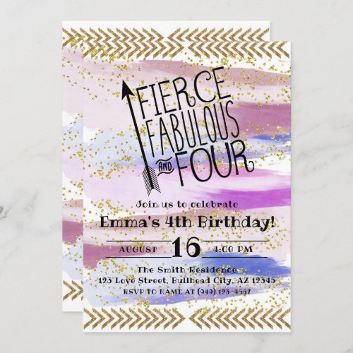 Purple Fierce Fabulous  four 4th Birthday Invitation