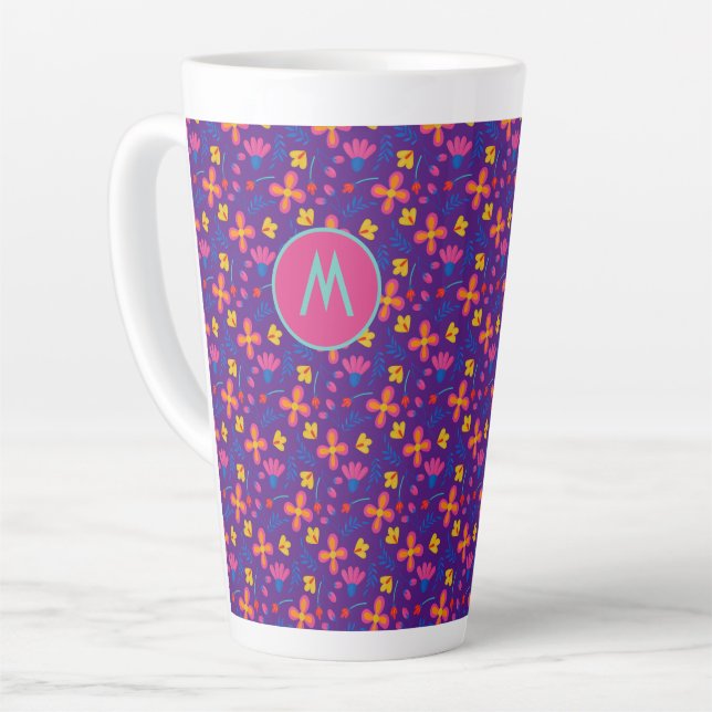 Purple Fiesta Floral Customized Initial  Latte Mug (Left Angle)