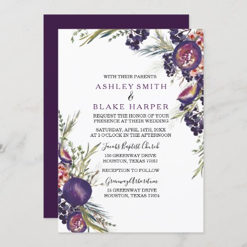 Purple Fig Watercolor Floral Wedding Invite