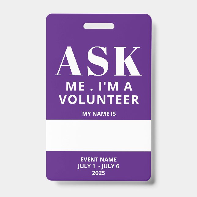 Purple Fill In Name Volunteer Badge (Front)