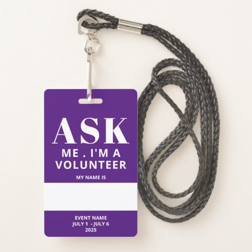Purple Fill In Name Volunteer Badge
