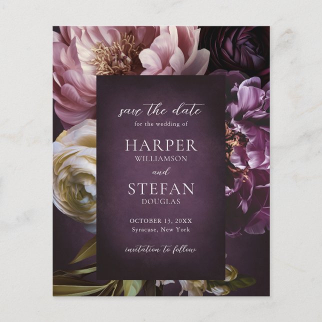 Purple Fine Art Budget Wedding Save the Date Flyer (Front)