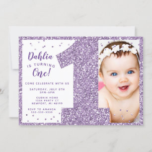Purple First Birthday Invitation, Faux Glitter Invitation