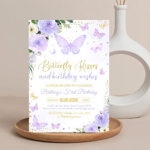 Purple First Butterfly Kisses Birthday Invitation