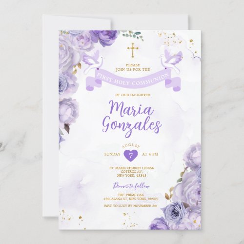 Purple First Holy Communion Cross Butterfly Floral Invitation