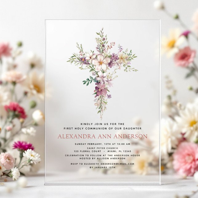 Purple First Holy Communion Wildflower Acrylic Invitations (Creator Uploaded)