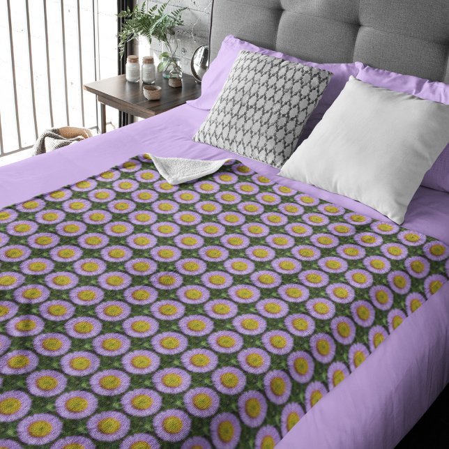 Purple Fleabane Daisy Floral Pattern Sherpa Blanket (In Situ Bed)