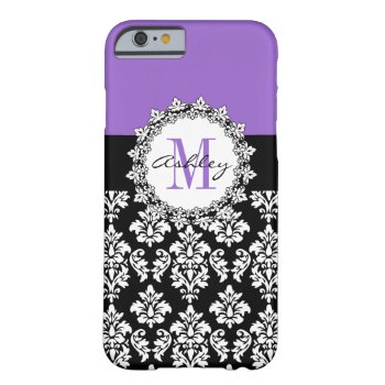 Purple Fleur De Lis Black Damask Monogrammed Barely There Iphone 6 Case by DamaskGallery at Zazzle