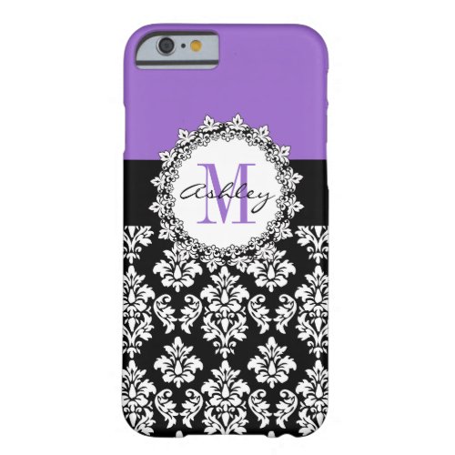 Purple Fleur de Lis Black Damask Monogrammed Barely There iPhone 6 Case