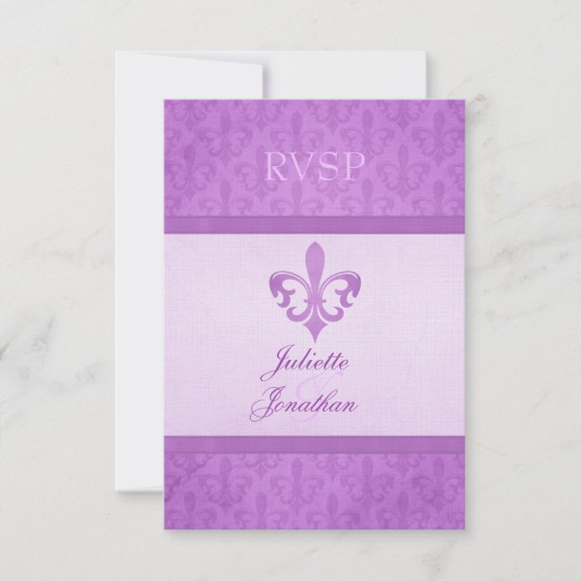 Purple Fleur De Lis formal wedding RSVP (Front)