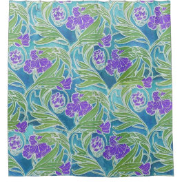 PURPLE FLEUR DE LIS ,GREEN LEAVES AQUA BLUE FLORAL SHOWER CURTAIN