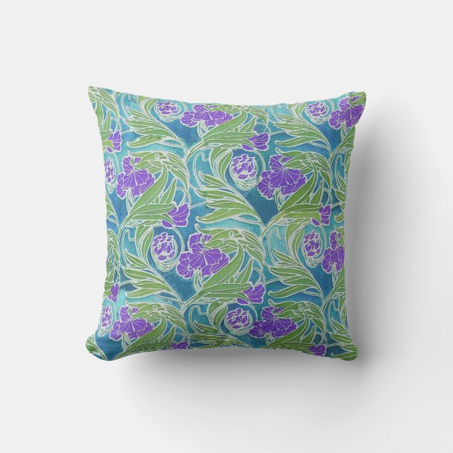 PURPLE FLEUR DE LIS ,GREEN LEAVES AQUA BLUE FLORAL THROW PILLOW (Front)