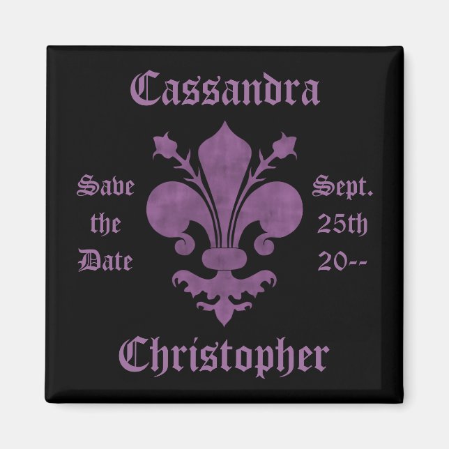 Purple fleur de lis on black save the date wedding magnet (Front)