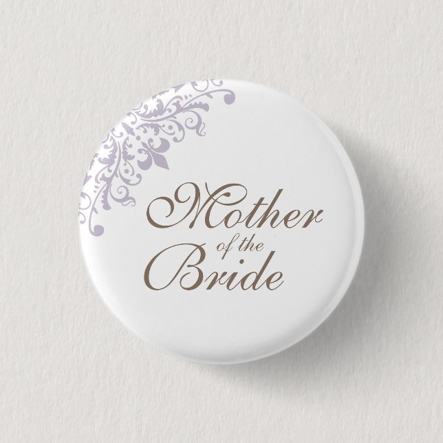 Purple Fleur de Lis Script Mother of the Bride Button (Front)