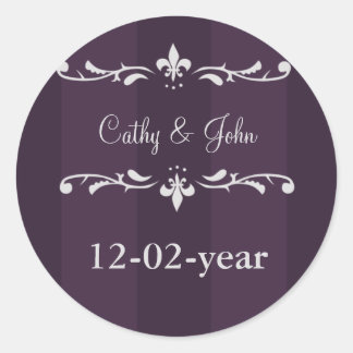 Purple fleur de lis Wedding Classic Round Sticker