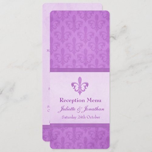 Purple Fleur De Lis wedding reception dinner menu Invitation