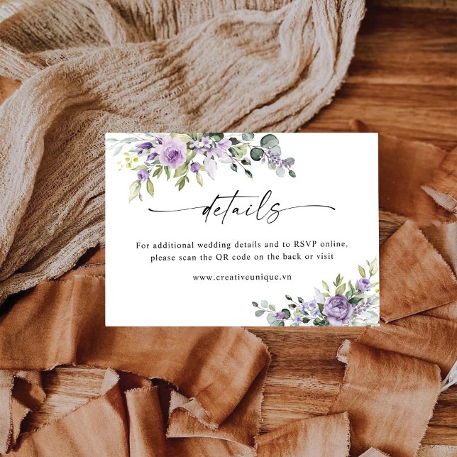 Purple Floers Wedding Website QR Code Details  Enclosure Card (Creator Uploaded)