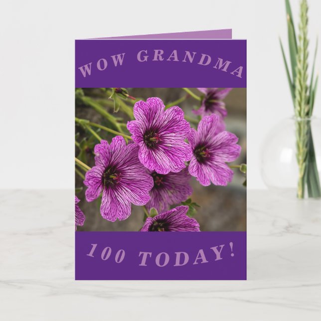 Purple Floral 100th Birthday Card for Grandma (Front)