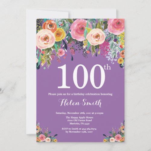 Purple Floral 100th Birthday Invitation