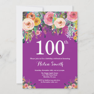 Purple Floral 100th Birthday Invitation