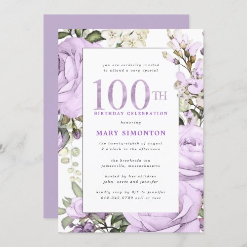 Purple Floral 100th Birthday Party Invitation