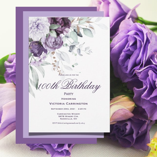 Purple Floral 100th Birthday Watercolor Modern Invitation (Creator Uploaded)