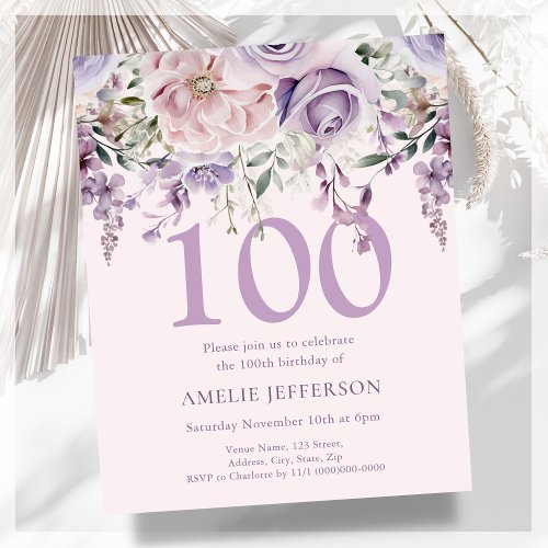 Purple Floral 100th Budget Birthday Invitation