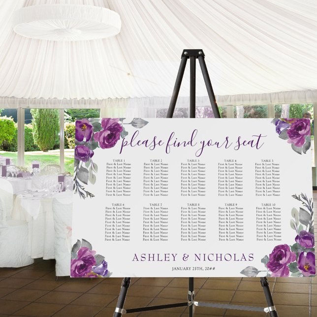Purple Floral 10 Table Wedding Seating Chart Foam Board (Creator Uploaded)