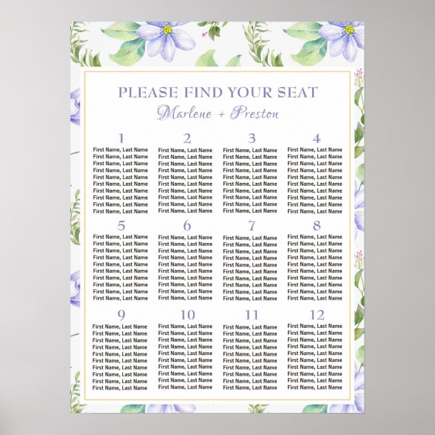 Purple Floral 12 Tables Wedding Seating Chart