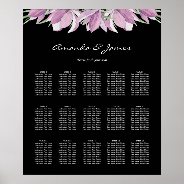 Purple Floral 15 Table Seating Chart (Front)