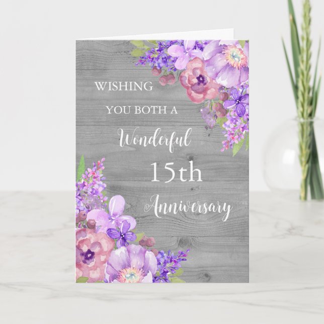 Purple Floral 15th Wedding Anniversary Card (Front)
