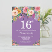 Purple Floral 16th Birthday Invitation (Standing Front)