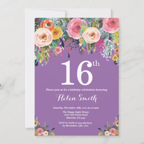 Purple Floral 16th Birthday Invitation