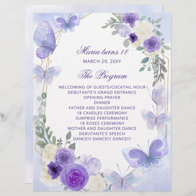 Purple Floral 18 Candle and Roses Ceremony Program (Front/Back)