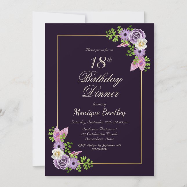 Purple Floral 18th Birthday Dinner Invitation (Front)
