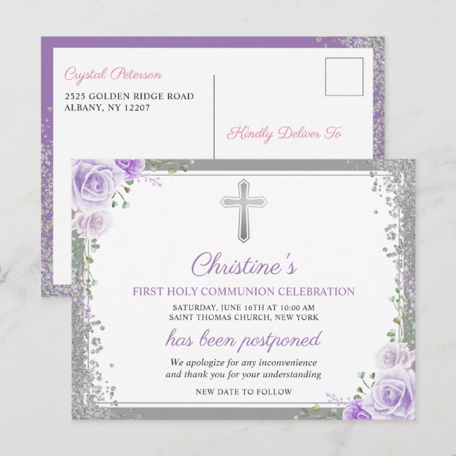 Purple Floral 1st Communion Postponed Announcement Postcard (Front/Back)
