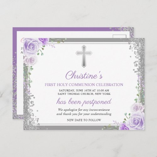 Purple Floral 1st Communion Postponed Announcement Postcard