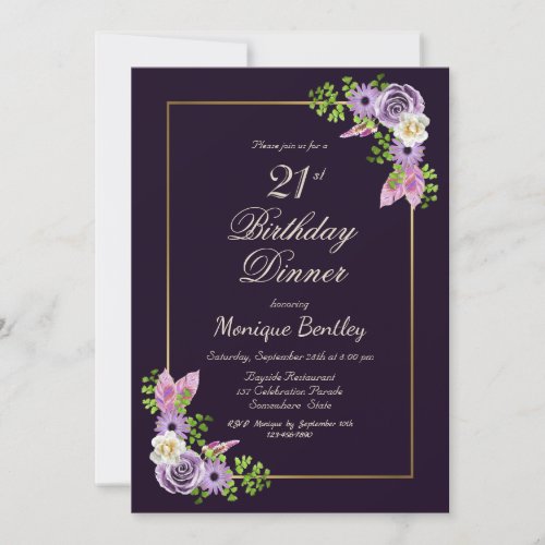 Purple Floral 21st Birthday Dinner Invitation