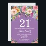 Purple Floral 21st Birthday Invitation<br><div class="desc">Purple Floral 21st Birthday Invitation for Women. Watercolor Floral Flower. Purple Lilac Lavender Violet Background. Pink, Yellow, Orange, Purple Flower. Adult Birthday. 13th 15th 16th 18th 20th 21st 30th 40th 50th 60th 70th 80th 90th 100th, Any Ages. For further customization, please click the "Customize it" button and use our design...</div>