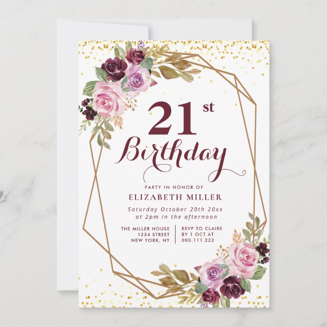purple floral 21st birthday party invitation (Front)